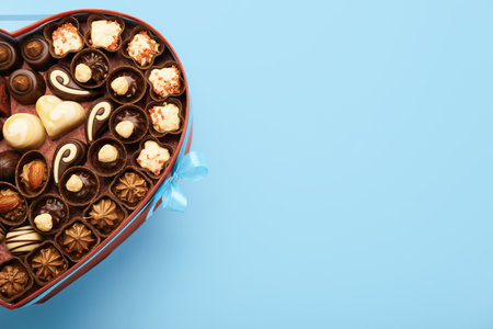 Heart-shaped box with chocolate candies on color backgroundの写真素材