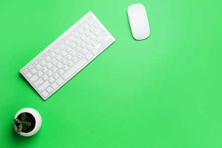 Computer keyboard and mouse on color background