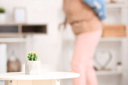 Table with cactus in room. Concept of hemorrhoids
