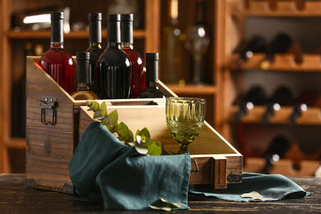 Composition with tasty wine on tableの写真素材