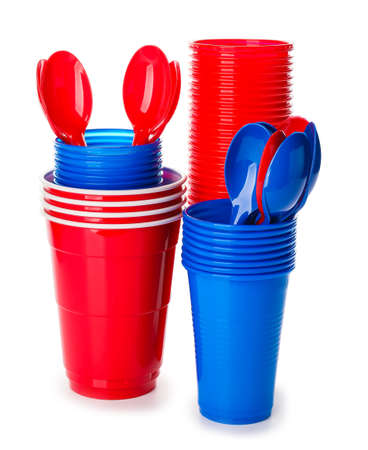 Set of plastic tableware on white backgroundの写真素材