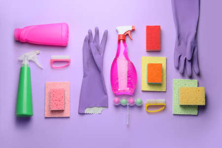 Set of cleaning supplies on color backgroundの写真素材