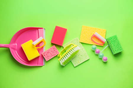 Set of cleaning supplies on color backgroundの写真素材