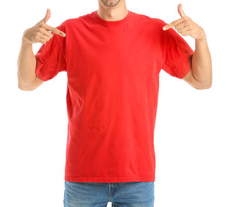 Man in stylish t-shirt on white backgroundの写真素材