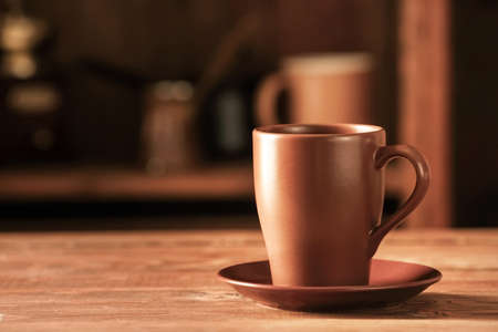 Cup of tea on wooden tableの写真素材