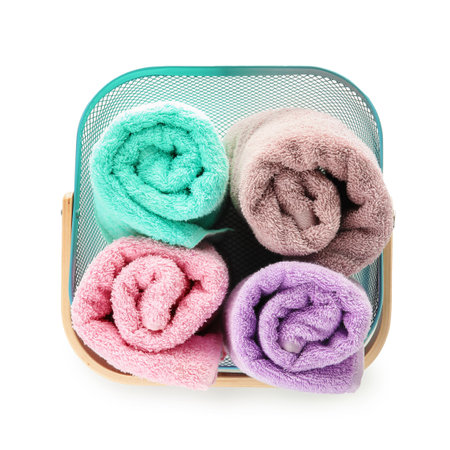 Basket with laundry on white background, top viewの写真素材