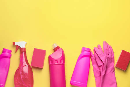 Set of cleaning supplies on color backgroundの写真素材