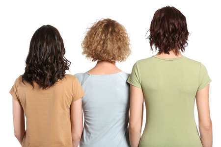 Young women with beautiful short hair on white backgroundの写真素材