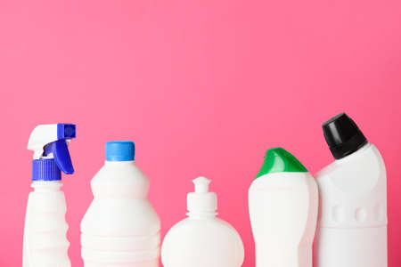 Set of cleaning supplies on color backgroundの写真素材