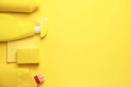 Set of cleaning supplies on color backgroundの写真素材