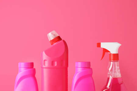 Set of cleaning supplies on color backgroundの写真素材
