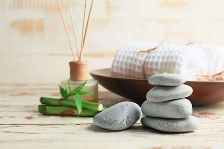 Beautiful spa composition on white wooden tableの写真素材