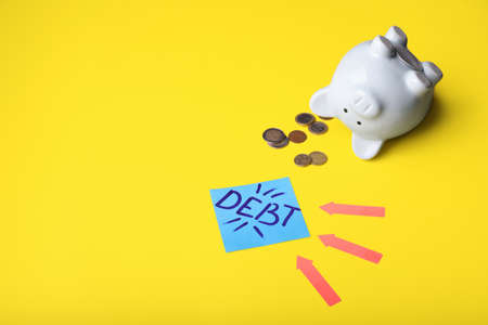 Paper with word DEBT, coins and piggy bank on color backgroundの写真素材