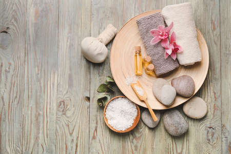 Beautiful spa composition on wooden backgroundの写真素材