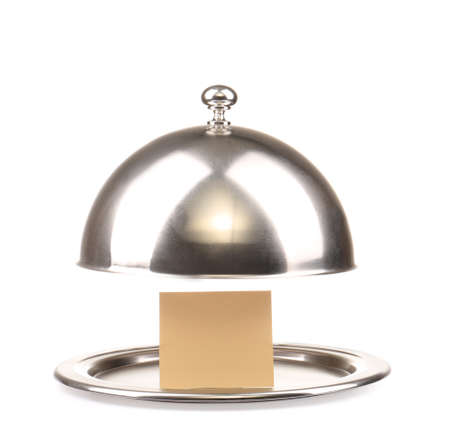 Tray and cloche with blank paper sheet on white backgroundの写真素材