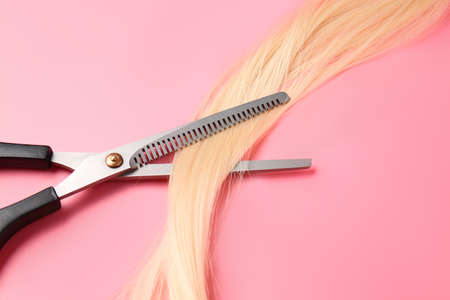 Long blonde hair and scissors on color backgroundの写真素材