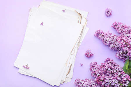 Beautiful lilac flowers and blank paper sheets on color backgroundの写真素材