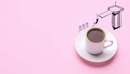 Funny composition with cup of coffee on color backgroundの写真素材