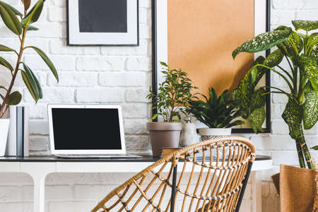 Comfortable workplace with modern laptop and houseplants near white brick wallの写真素材