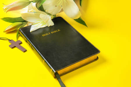 Holy Bible, cross and flowers on color background