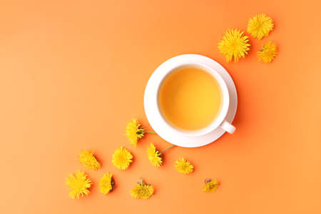 Cup of healthy dandelion tea on color backgroundの写真素材