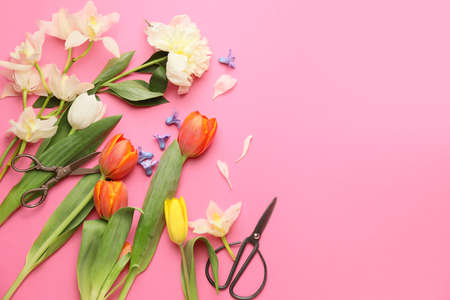 Scissors with flowers on color background