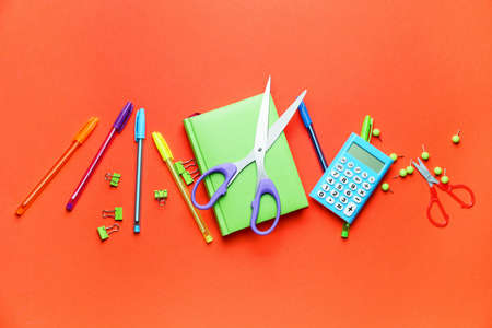 School supplies on color backgroundの写真素材