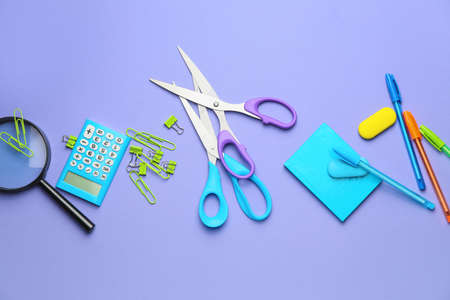 School supplies on color backgroundの写真素材