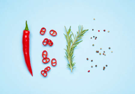 Hot chili pepper and rosemary on color background