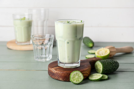 Glass with cold cucumber soup on tableの写真素材