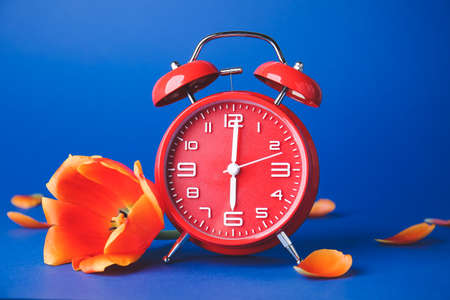 Alarm clock and flowers on color background. Spring time