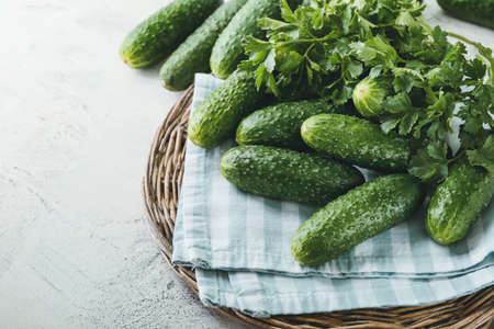 Many green cucumbers on tableの写真素材