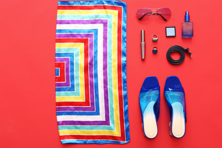 Female accessories on color backgroundの写真素材