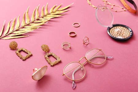 Female accessories on color backgroundの写真素材