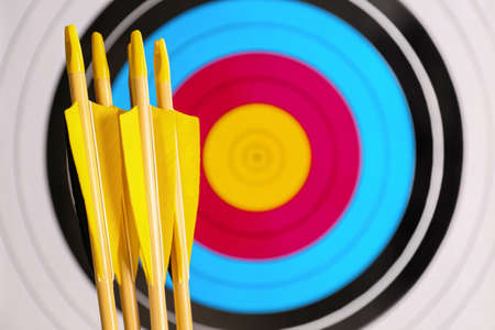 Arrows for archery against target on wall, closeup