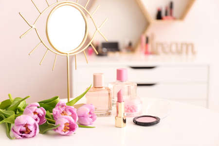 Makeup cosmetics on table in dressing roomの写真素材