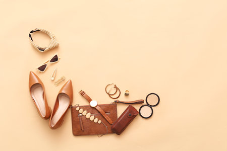 Female accessories on color backgroundの写真素材