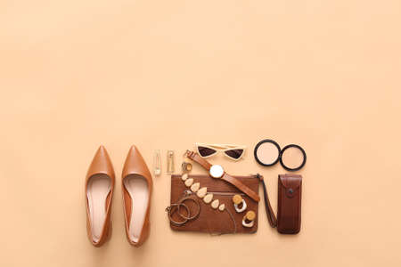 Female accessories on color backgroundの写真素材