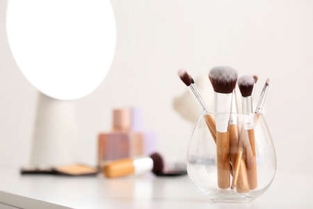 Set of makeup brushes on tableの写真素材