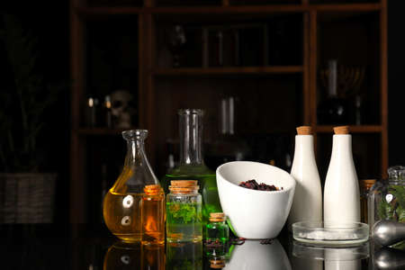 Different potions on alchemist's tableの写真素材