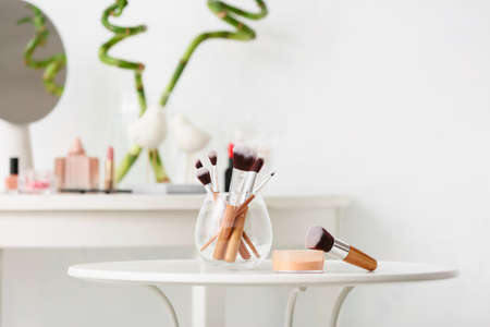 Set of makeup brushes on tableの写真素材