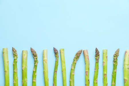 Fresh asparagus on color backgroundの写真素材