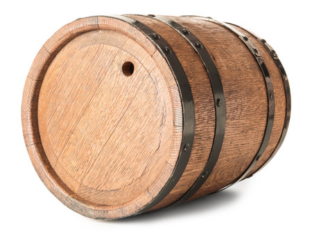 Wooden barrel of wine on white background