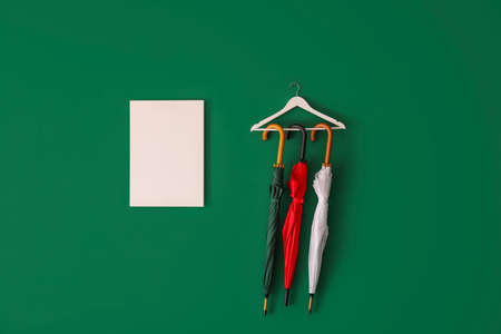 Stylish umbrellas hanging on color wall in hallの写真素材