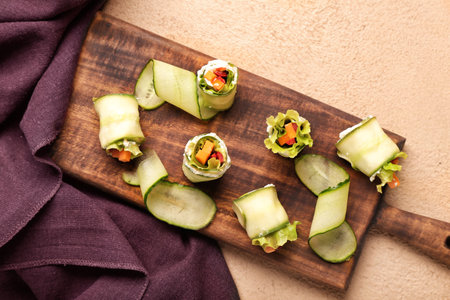 Board with tasty cucumber rolls on color backgroundの写真素材
