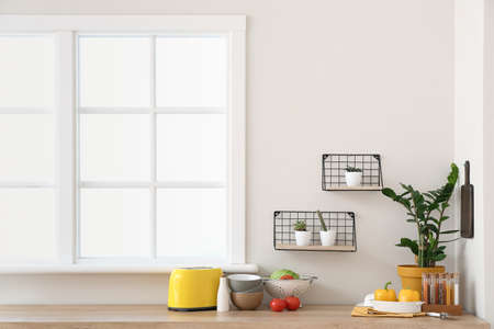 Set of utensils and products on kitchen counterの写真素材