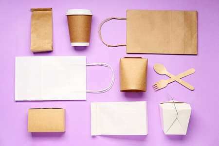 Eco containers for food and drinks on color backgroundの写真素材