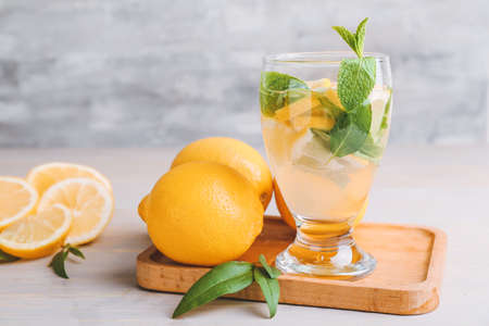 Glass of fresh lemonade on tableの写真素材