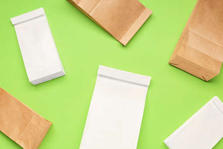 Paper bags on color backgroundの写真素材