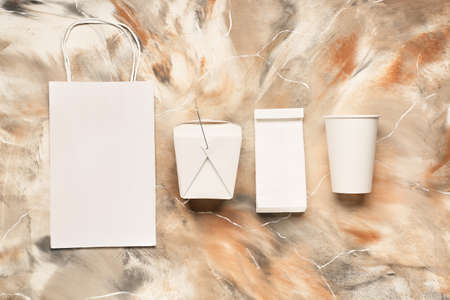 Eco containers for food and drinks on color backgroundの写真素材